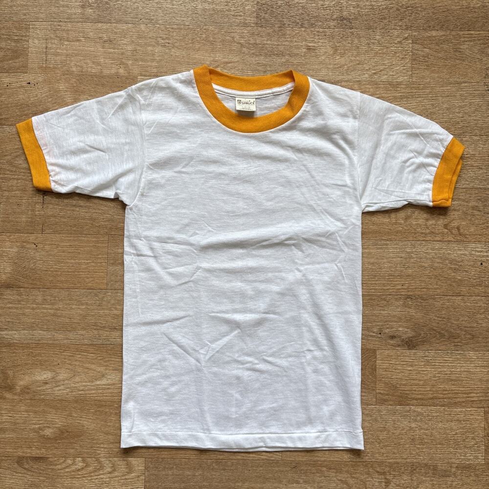 Deadstock 70s 80s Mayo Spruce Ringer T Shirt 50/50 Youth L White Yellow Blank